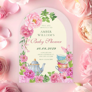 Pink Flowers tea cup garden baby shower Invitation