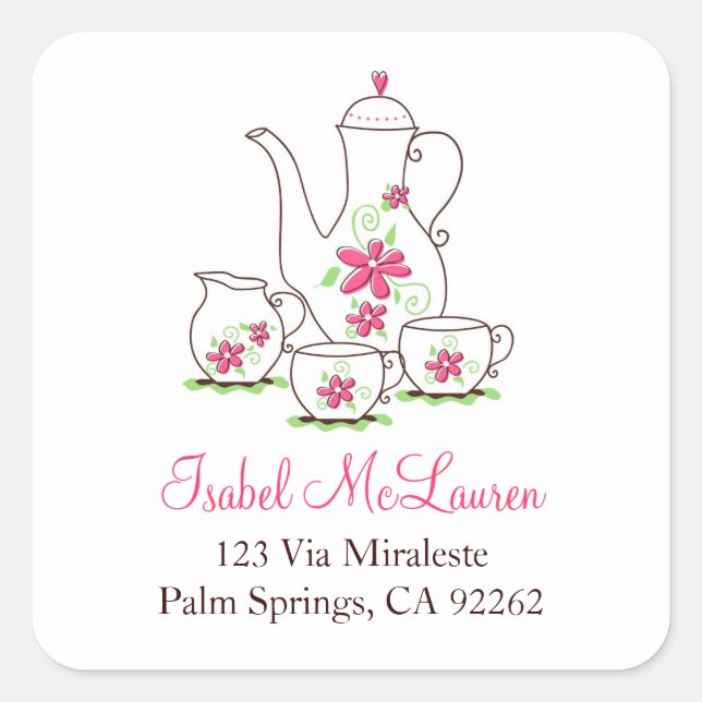 Pink Flowers Tea Set, Square Address Labels (Front)