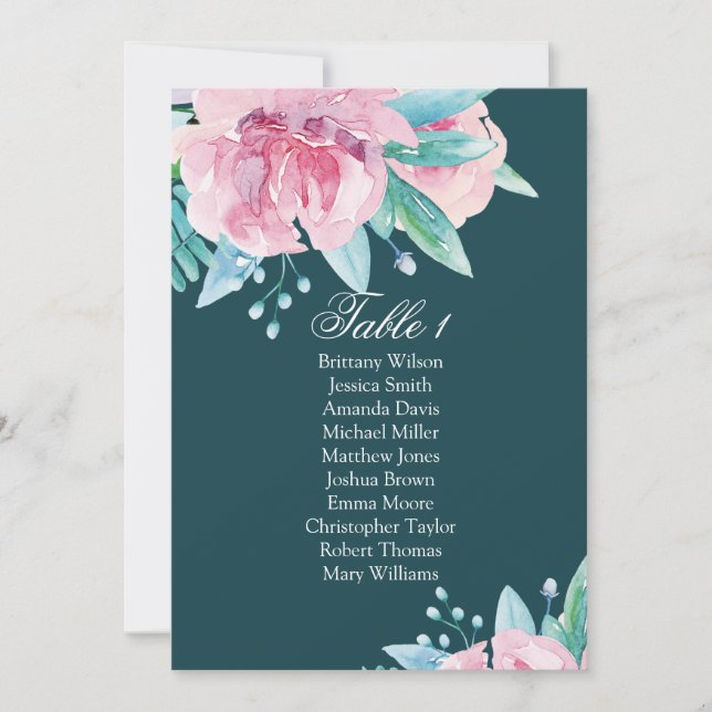 Pink flowers. Teal floral wedding seating chart Invitation (Front)