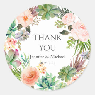 Pink Flowers Teal Green Succulent Cactus Wedding Classic Round Sticker