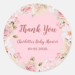 Pink Flowers Thank You Baby Shower Favour Tag