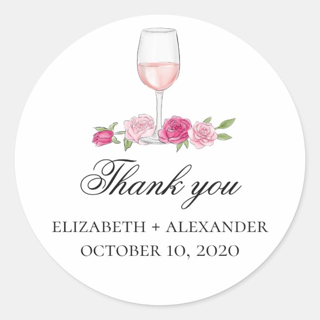 Pink flowers thank you. Wine glass. Floral wedding Classic Round Sticker (Front)