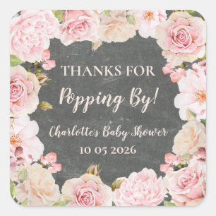 Pink Flowers Thanks for Popping By Baby Shower Tag