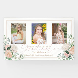 Pink Flowers Three Photos Calligraphy Graduation Banner
