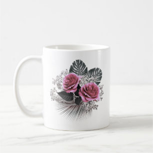 Pink Flowers Tropical Leaves Coffee Mug