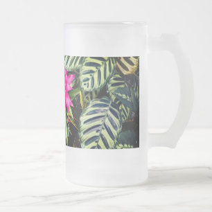 Pink flowers, tropical plants frosted glass beer mug