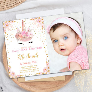 Pink Flowers Unicorn Birthday Invitations w photo
