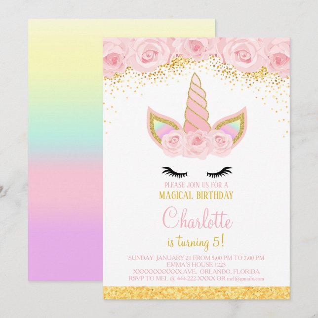 Pink Flowers Unicorn Birthday Invite (Front/Back)