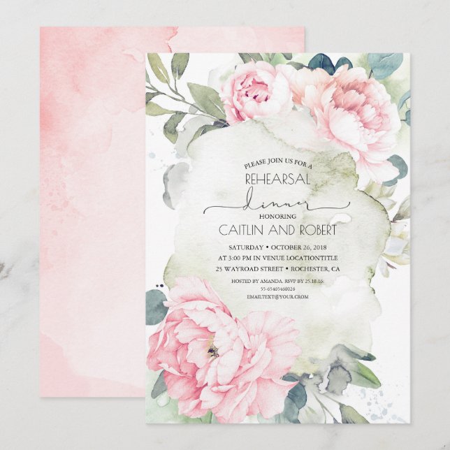 Pink Flowers Vintage Elegant Rehearsal Dinner Invitation (Front/Back)