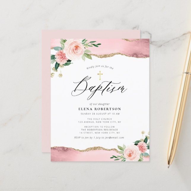 pink flowers watercolor agate baptism invitation (Front/Back In Situ)