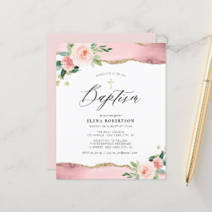 pink flowers watercolor agate baptism invitation