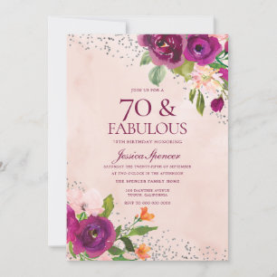 Pink Flowers Watercolor Back 70th Birthday Party Invitation