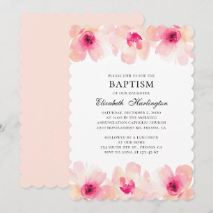 Pink flowers watercolor. Blush floral baptism Invitation