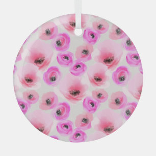 Pink Flowers Watercolor Digital Art Glass Tree Decoration
