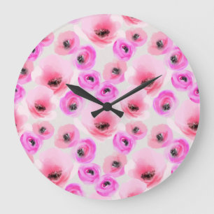Pink Flowers Watercolor Digital Art Large Clock