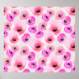 Pink Flowers Watercolor Digital Art Poster