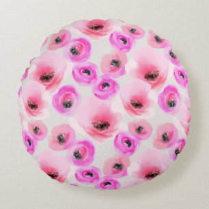 Pink Flowers Watercolor Digital Art Round Cushion