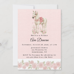 Pink Flowers Watercolor Horse Brunch & Bubbly Invitation