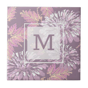 Pink flowers, watercolor, retro tile
