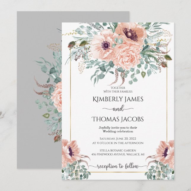Pink Flowers Wedding  Invitation (Front/Back)
