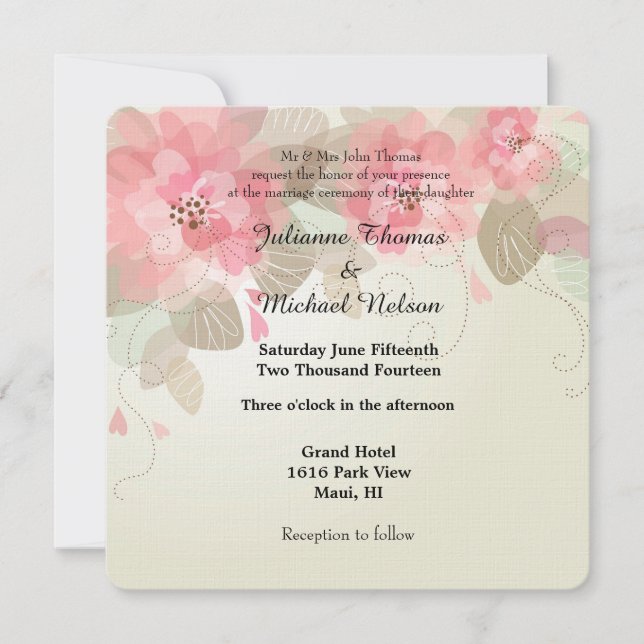 Pink Flowers Wedding Invitation (Front)