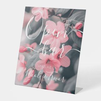 Pink Flowers Wedding Open Bar Pedestal Sign