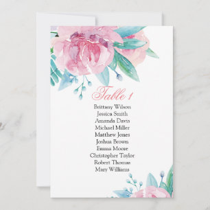 Pink flowers wedding seating chart. Botanical plan Invitation