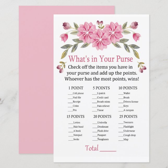 Pink flowers What's in your purse game (Front/Back)