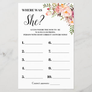 Pink Flowers Where Was She Baby Shower Game Card