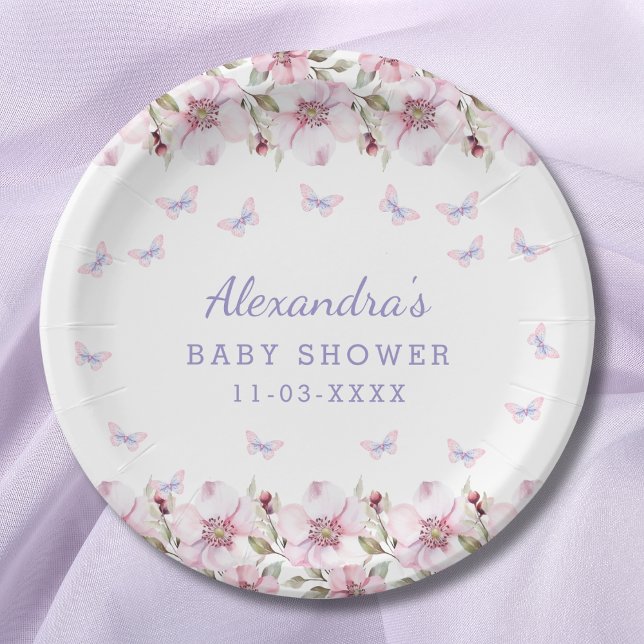 Pink Flowers Whimsical Butterfly Baby Shower Paper Plate (Creator Uploaded)