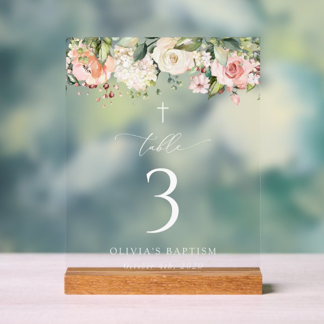 Pink Flowers, White Flowers, Baptism Table Numbers Acrylic Sign (Neutral)