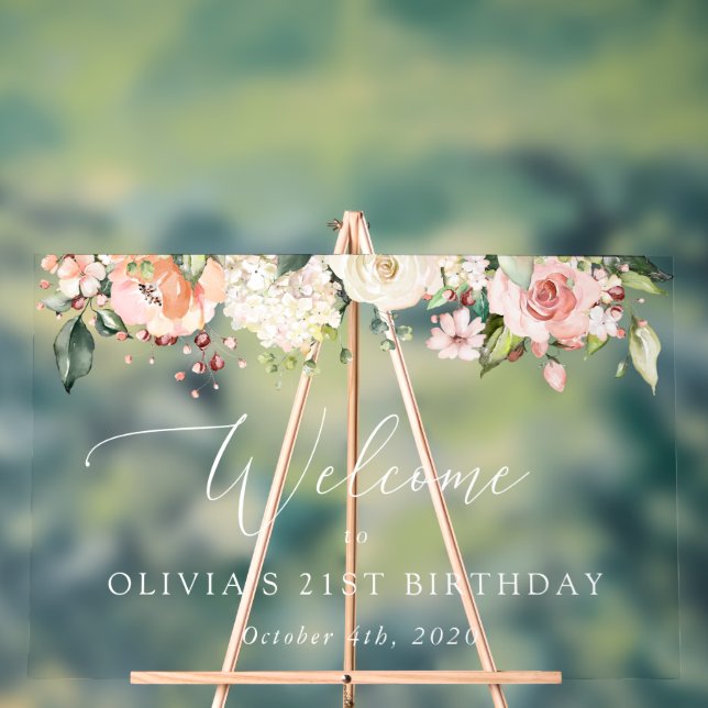Pink Flowers, White Flowers, Birthday Welcome Acrylic Sign (Neutral)