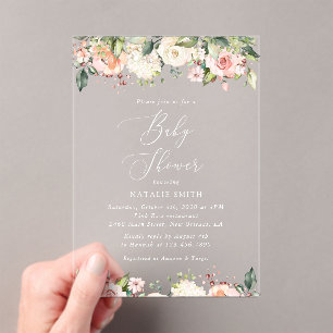 Pink Flowers, White Flowers, Boho, Baby Shower Acrylic Invitations