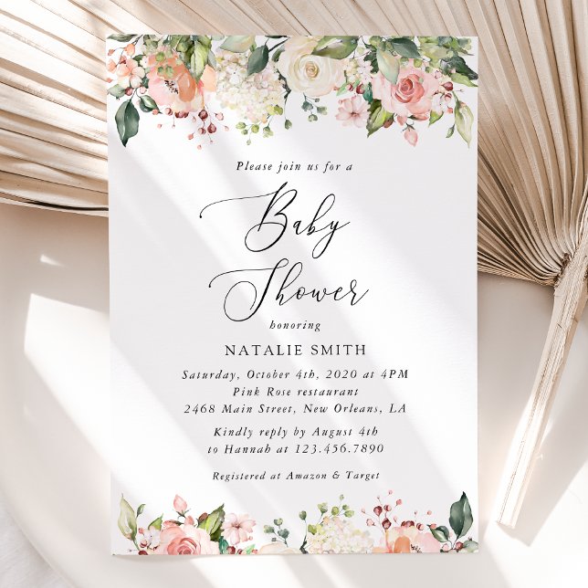 Pink Flowers, White Flowers, Boho, Baby Shower Invitation (Creator Uploaded)