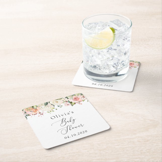 Pink Flowers, White Flowers, Boho, Baby Shower Square Paper Coaster (Insitu)