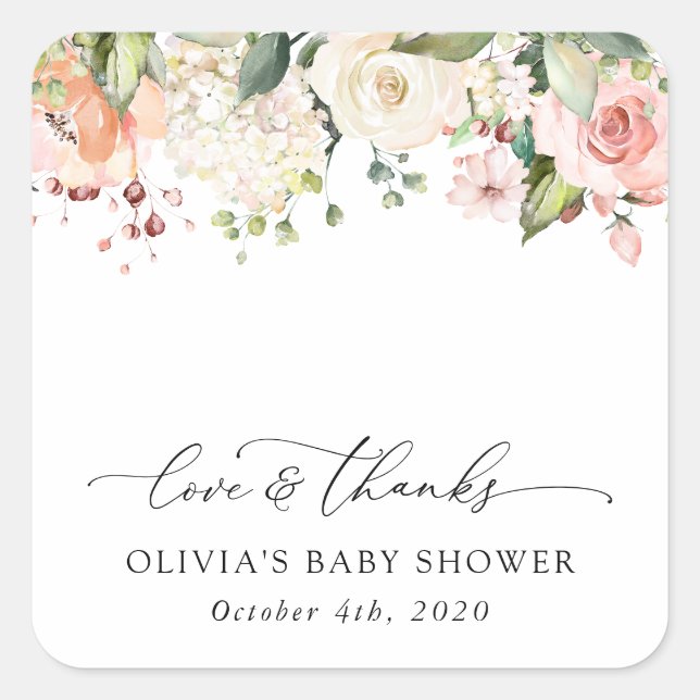 Pink Flowers, White Flowers, Boho, Baby Shower Square Sticker (Front)