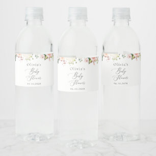 Pink Flowers, White Flowers, Boho, Baby Shower Water Bottle Label