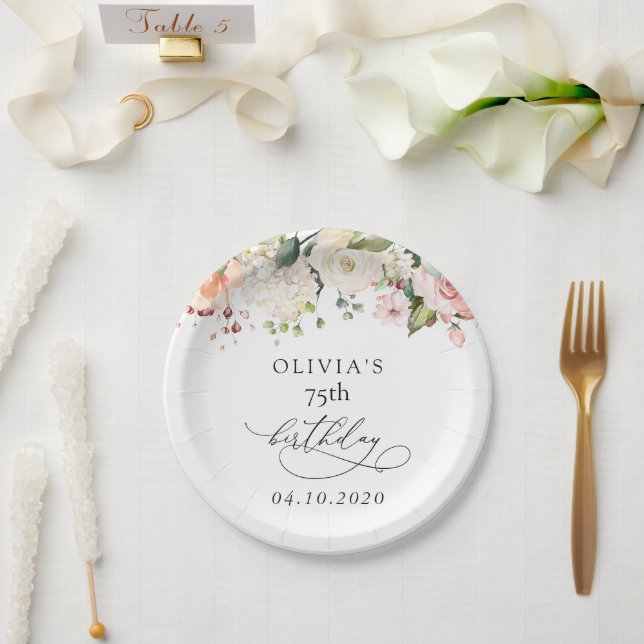 Pink Flowers, White Flowers, Boho, Birthday Paper Plate (Wedding)