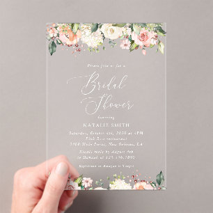 Pink Flowers, White Flowers, Boho, Bridal Shower Acrylic Invitations