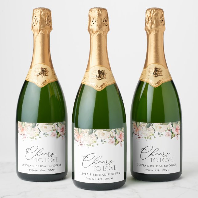 Pink Flowers, White Flowers, Boho, Bridal Shower  Sparkling Wine Label (Bottles)