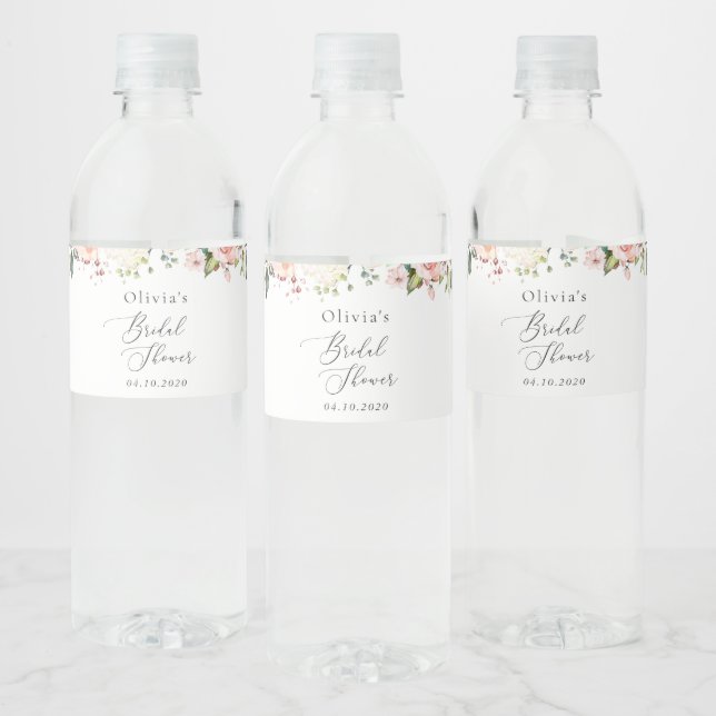 Pink Flowers, White Flowers, Boho, Bridal Shower  Water Bottle Label (Bottles)