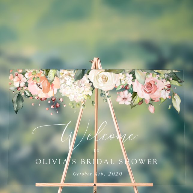 Pink Flowers, White Flowers, Boho, Bridal Welcome Acrylic Sign (Neutral)
