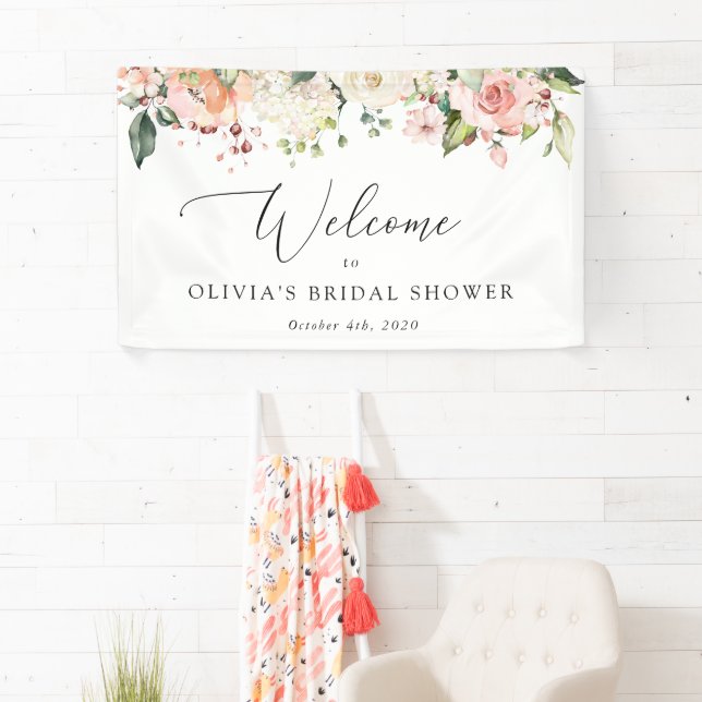 Pink Flowers, White Flowers, Boho, Bridal Welcome Banner (Insitu)