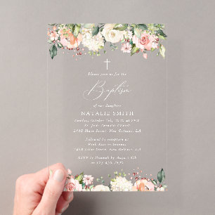 Pink Flowers, White Flowers, Boho, Floral Baptism Acrylic Invitations