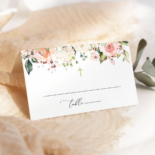 Pink Flowers, White Flowers, Boho, Floral Baptism Place Card