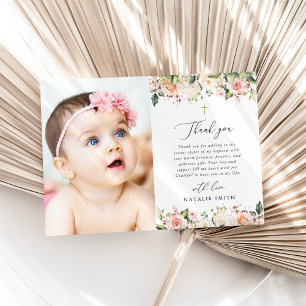 Pink Flowers, White Flowers, Boho, Floral Baptism Thank You Card