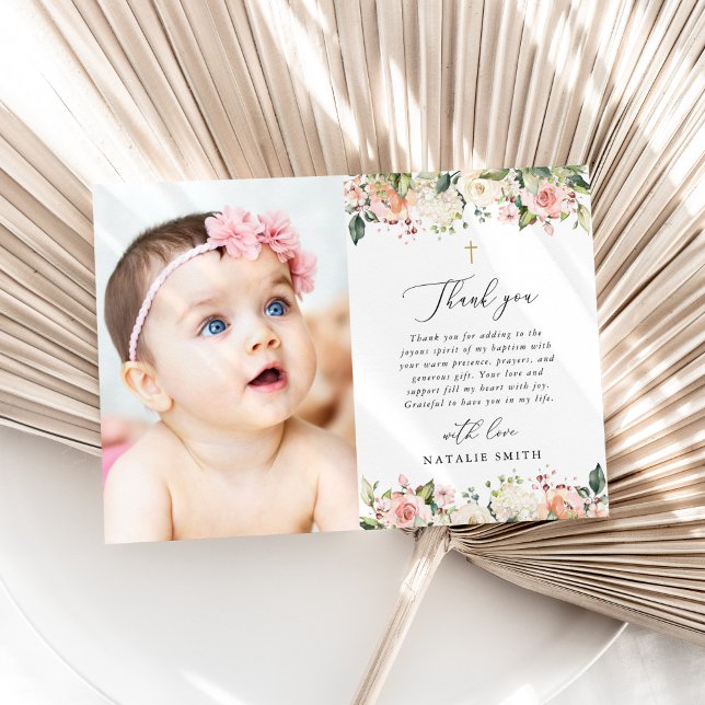 Pink Flowers, White Flowers, Boho, Floral Baptism Thank You Card (Creator Uploaded)