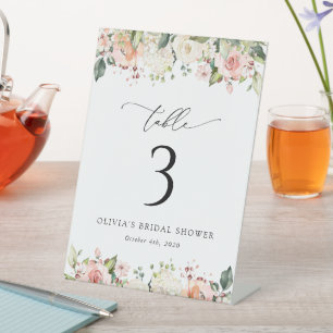 Pink Flowers, White Flowers, Boho, Table Numbers Pedestal Sign