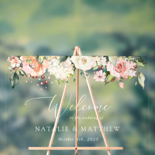 Pink Flowers, White Flowers, Boho, Wedding Welcome Acrylic Sign