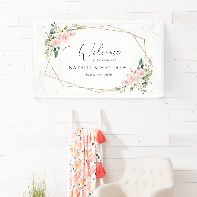 Pink Flowers, White Flowers, Boho, Wedding Welcome Banner (Insitu)
